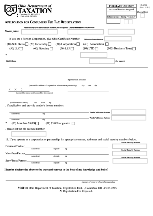 Fillable Form Ut-1008 - Application For Consumers Use Tax Registration - 2001 Printable pdf