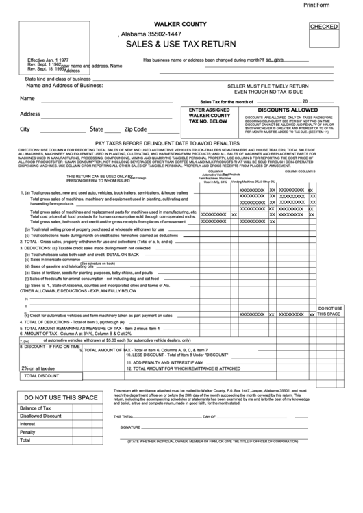 Fillable Sales & Use Tax Return - Walker County Printable pdf