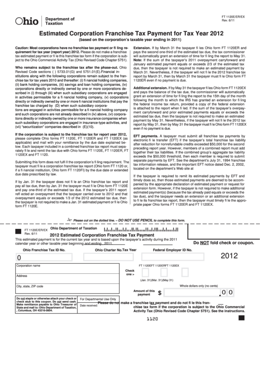 Fillable Form Ft 1120e/er/ex - Estimated Corporation Franchise Tax Payment - Ohio Department Of Taxation - 2012 Printable pdf
