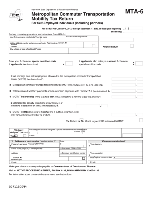 Fillable Form Mta-6 - Metropolitan Commuter Transportation Mobility Tax Return For Self-Employed Individuals (Including Partners) - 2012 Printable pdf