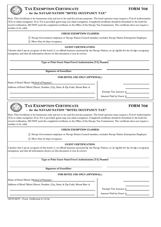 Form 702 - Tax Exemption Certificate For The Navajo Nation "Hotel Occupancy Tax" Printable pdf