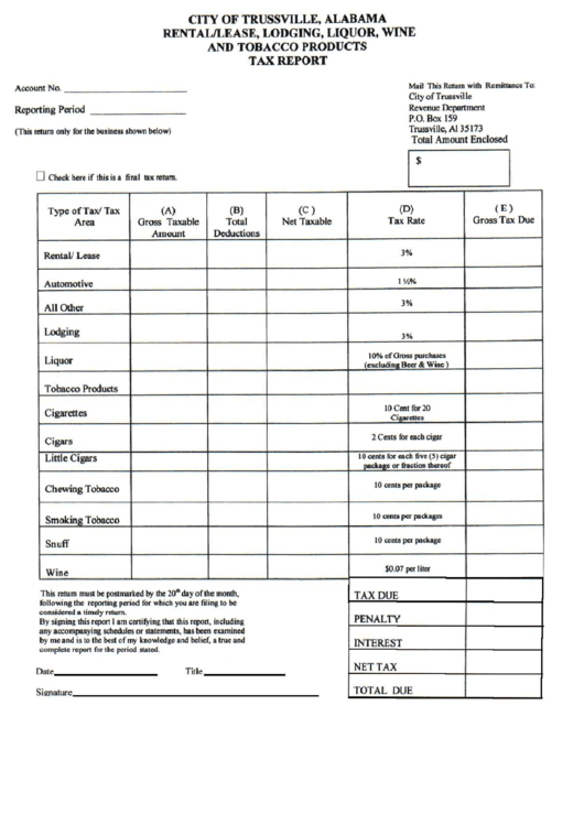 Rental/lease, Loding, Liquor, Wine And Tobacco Procuts Tax Report - City Of Trussville Printable pdf