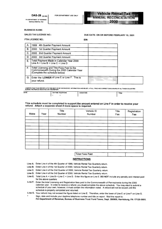 Form Das-28 - Vehicle Rental Tax Annual Reconciliation - 2000 Printable pdf