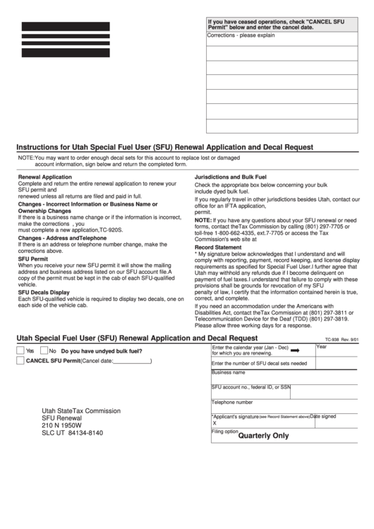Form Tc-938 - Utah Special Fuel User (Sfu) Renewal Application And Decal Request Printable pdf
