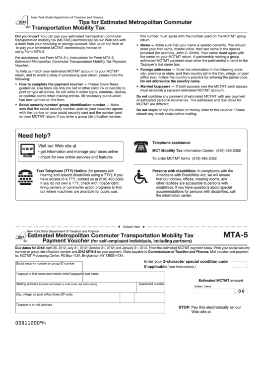 Fillable Form Mta-5 - Estimated Metropolitan Commuter Transportation Mobility Tax Payment Voucher (For Self-Employed Individuals, Including Partners) - 2012 Printable pdf