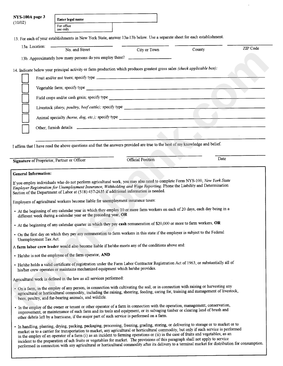 Form Nys-100a - New York State Employer Registration For Unemployment Insurance, Withholding, And Wage Reporting For Agricultural Employment