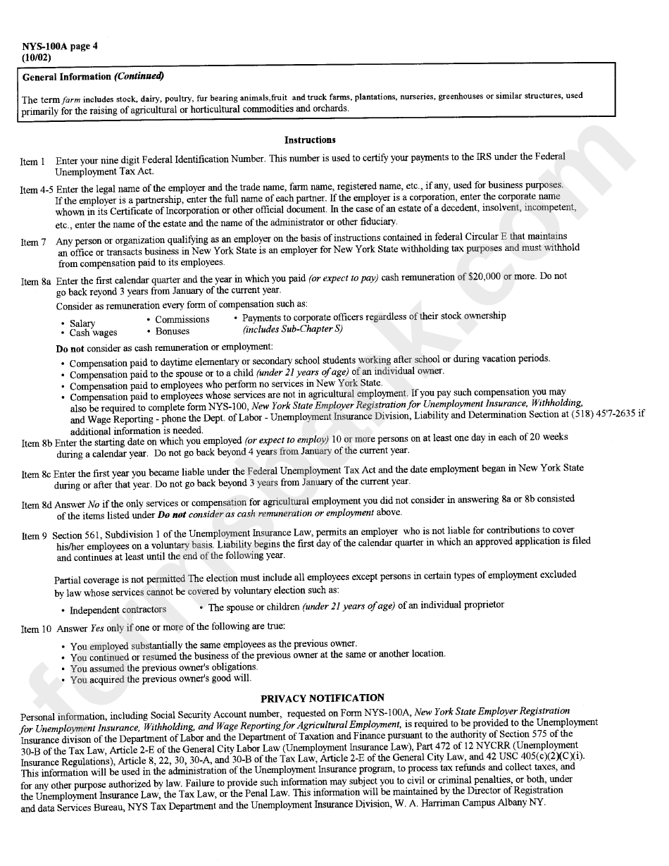 Form Nys-100a - New York State Employer Registration For Unemployment Insurance, Withholding, And Wage Reporting For Agricultural Employment