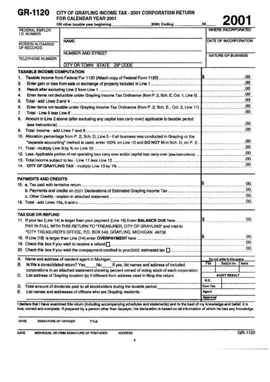 Fillable Form Gr-1120 - City Of Grayling Income Tax - 2001 Printable pdf