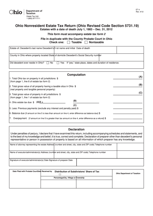 Fillable Form Et 4 - Ohio Nonresident Estate Tax Return (Ohio Revised Code Section 5731.19) Printable pdf