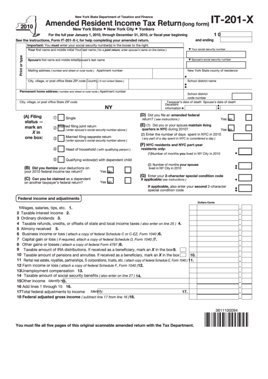 Fillable Form It-201-X - Amended Resident Income Tax Return (Long Form) - 2010 Printable pdf