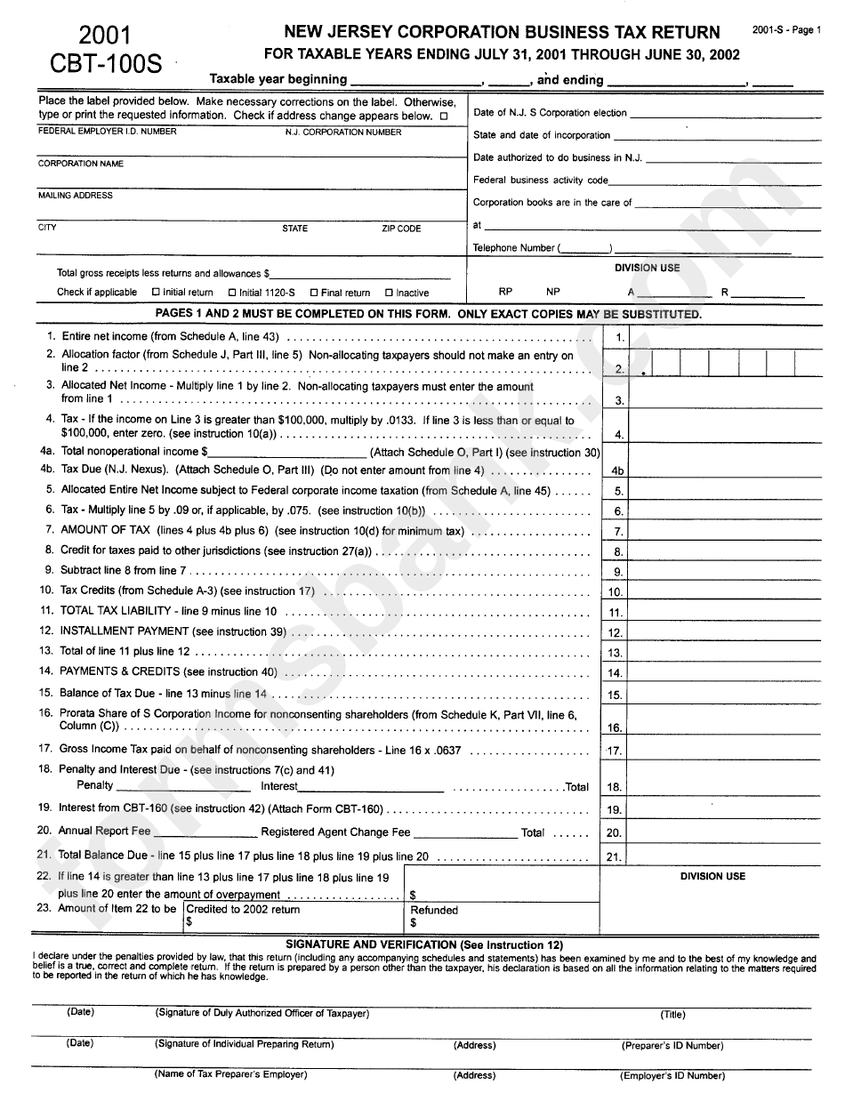 Form Cbt100sp - New Jersey Corporation Business Tax Return - 2001