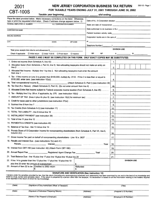 Form Cbt100sp - New Jersey Corporation Business Tax Return - 2001 Printable pdf