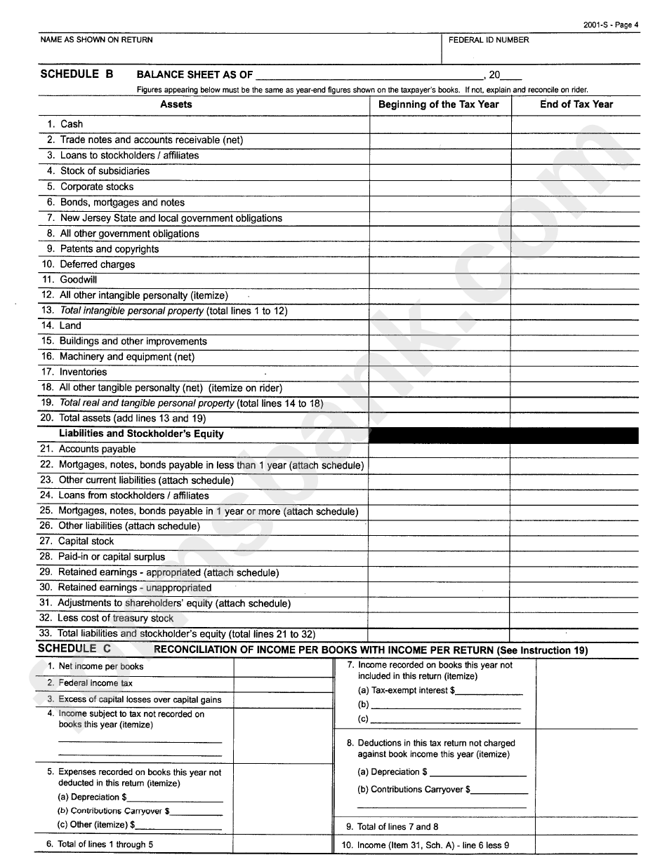 Form Cbt100sp - New Jersey Corporation Business Tax Return - 2001