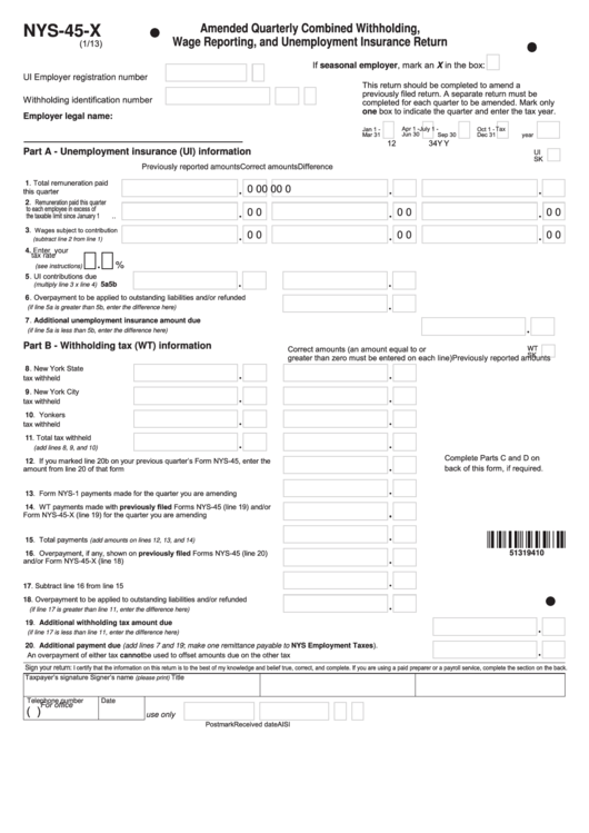 Fillable Form Nys-45-X - Amended Quarterly Combined Withholding, Wage Reporting, And Unemployment Insurance Return Printable pdf