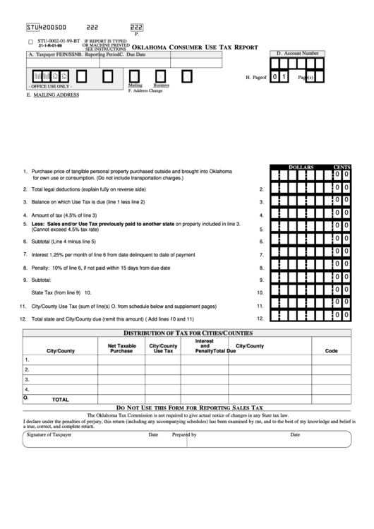 Form Stu-0002-01-99-Bt - Oklahoma Consumer Use Tax Report Printable pdf