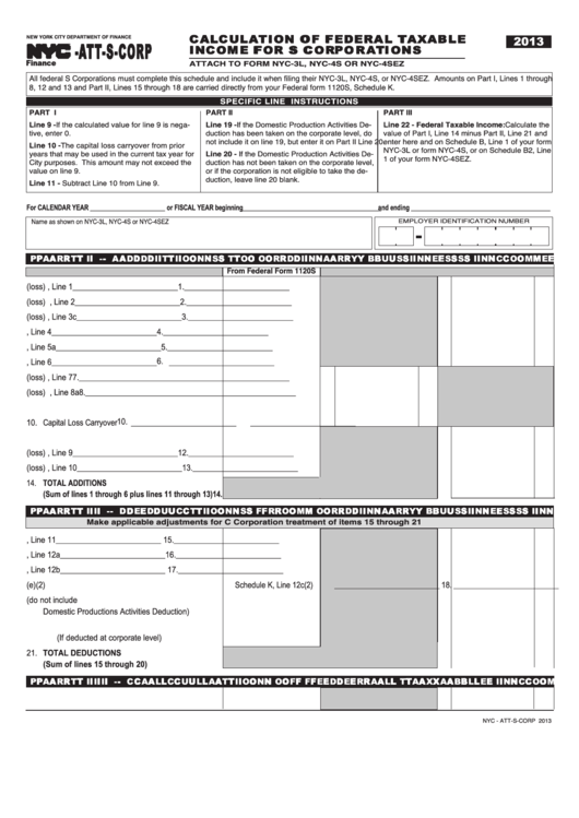 Form Nys-Att-S-Corp - Calculation Of Federal Taxable Income For S Corporations - 2013 Printable pdf