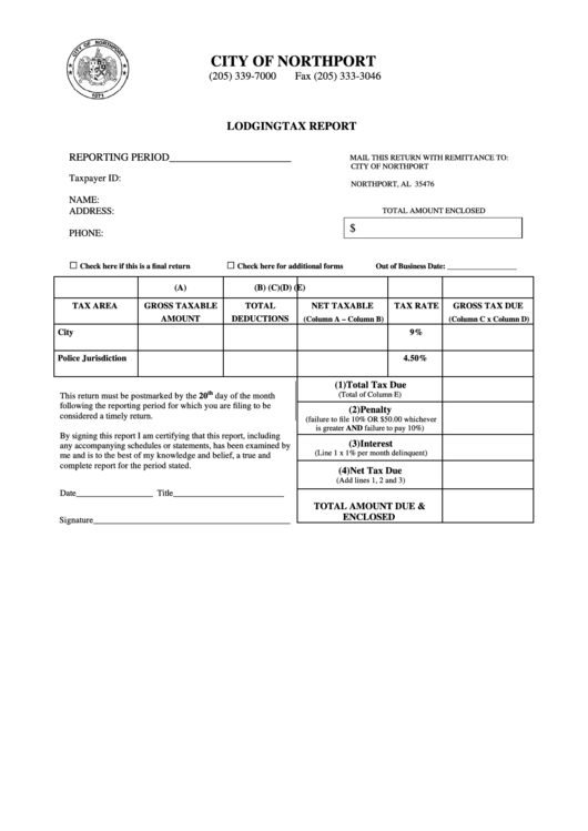 Fillable Lodging Tax Report Form - City Of Northport Printable pdf