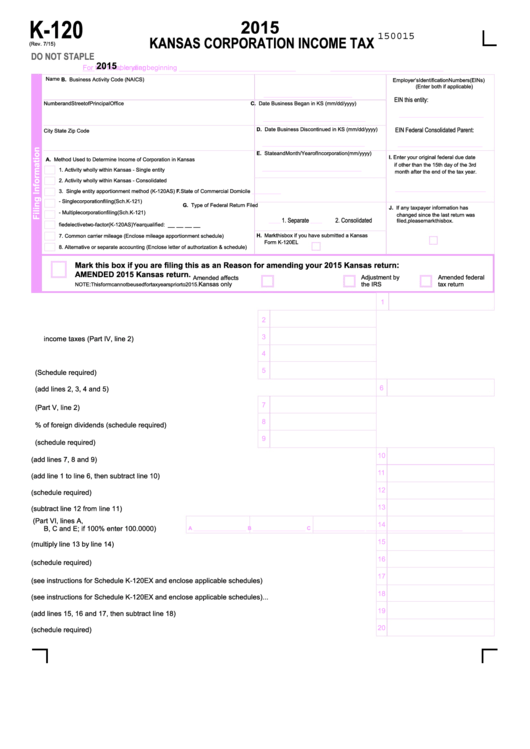 Fillable Form K-120 - Kansas Corporation Income Tax - 2015 Printable pdf