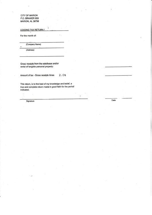 Leasing Tax Return Form - City Of Marion Printable pdf