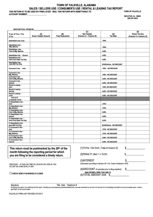 Sales/sellers Use/consumer's Use/rental & Leasing Tax Application And Information Form - Town Of Falkville