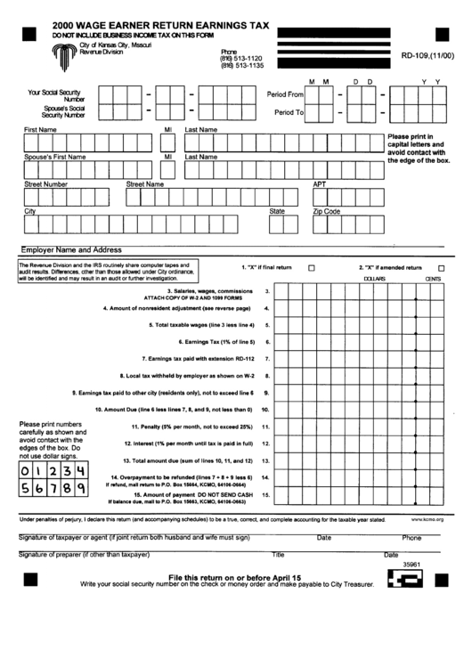 Form Rd-109 - Wage Earner Return Earnings Tax - 2000 Printable pdf