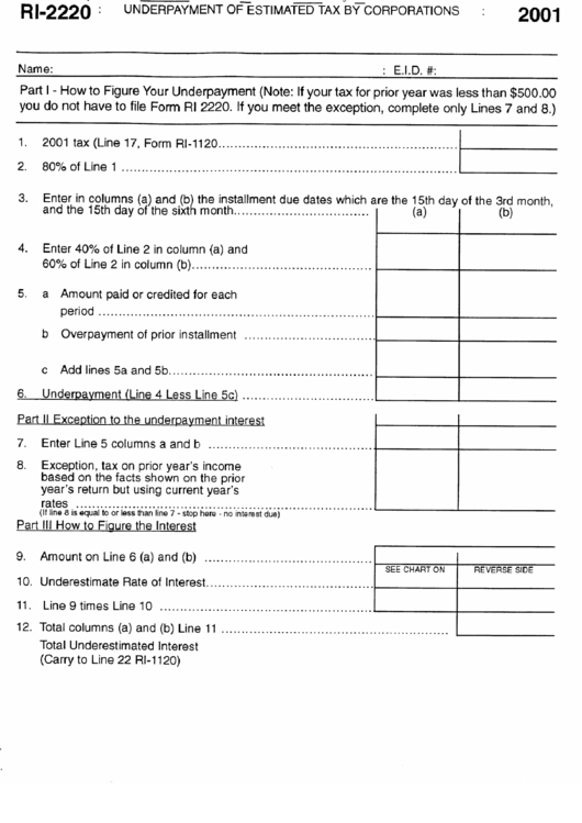 Fillable Form Ri-2220 - Underpayment Of Estimated Tax By Corporations - 2001 Printable pdf
