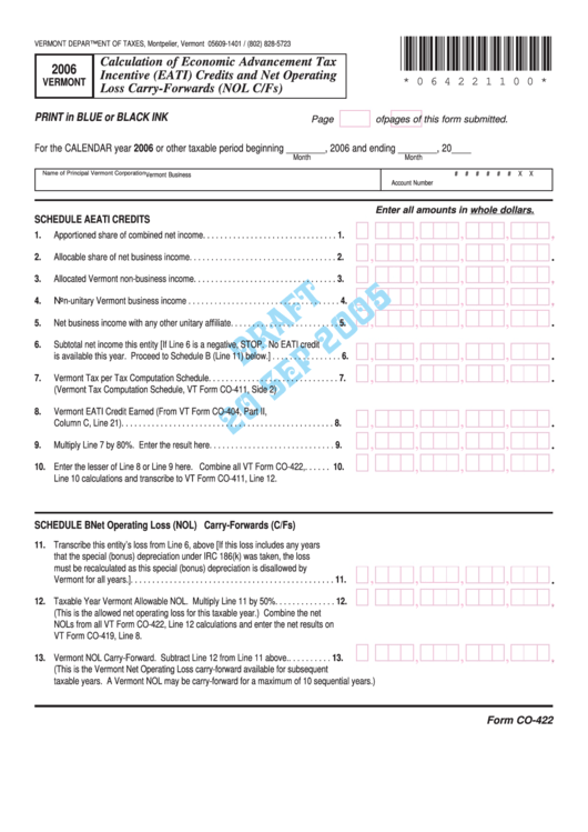 Form Co-422 Draft - Calculation Of Economic Advancement Tax Incentive (Eati) Credits And Net Operating Loss Carry-Forwards (Nol C/fs) - 2006 Printable pdf