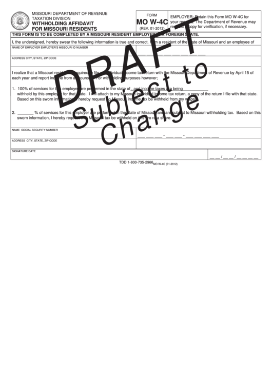 Form Mo W-4c - Withholding Affidavit For Missouri Residents Printable pdf