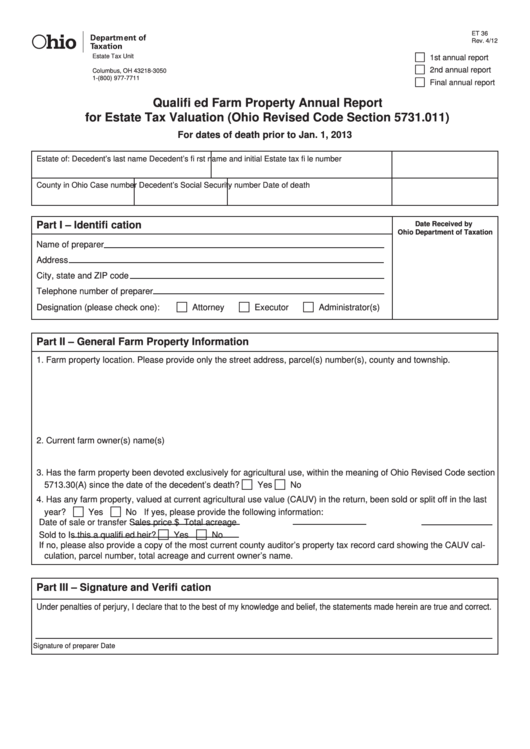 Fillable Form Et 36 - Qualified Farm Property Annual Report For Estate Tax Valuation (Ohio Revised Code Section 5731.011) Printable pdf