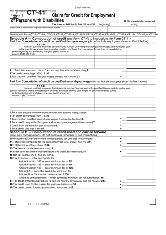 Form Ct-41 - Claim For Credit For Employment Of Persons With Disabilities - 2011 Printable pdf