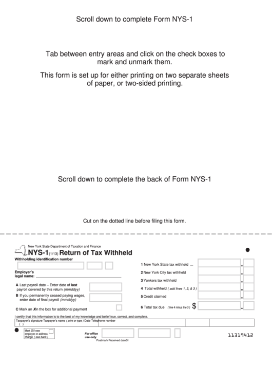 Fillable Form Nys 1 Return Of Tax Withheld Printable Pdf Download