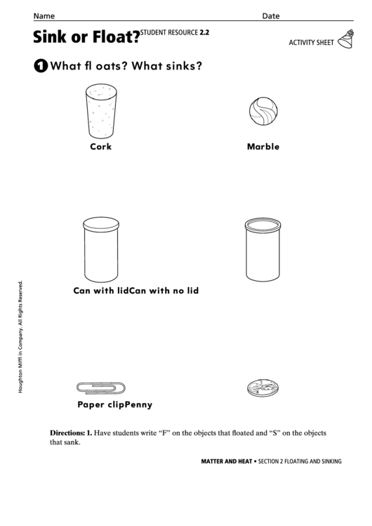 Sink Or Float Matter And Heat Activity Sheet Printable pdf