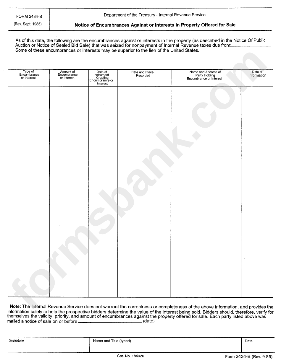 Form 2434-B - Notice Of Encumbrances Against Or Interests In Property Offered For Sale