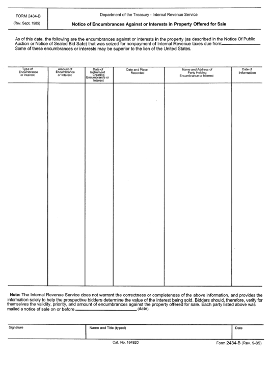Form 2434-B - Notice Of Encumbrances Against Or Interests In Property Offered For Sale Printable pdf