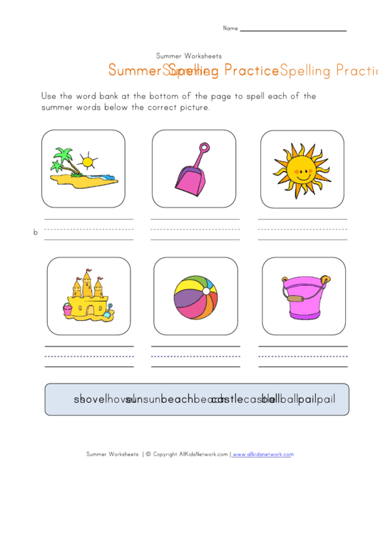 Summer Spelling Practice Worksheet Printable pdf