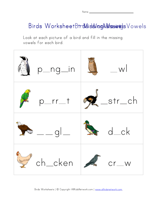Missing Letters Worksheet - Birds Theme Printable pdf