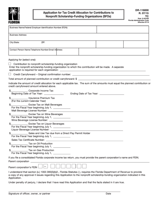 Form Dr-116000 - Application For Tax Credit Allocation For Contributions To Nonprofit Scholarship-Funding Organizations (Sfos) Printable pdf