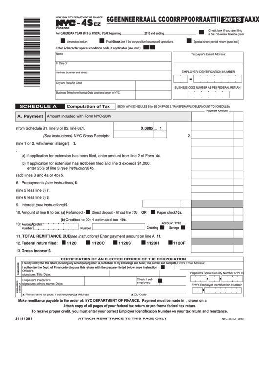 Form Nyc-4sez - General Corporation Tax Return - 2013 Printable pdf