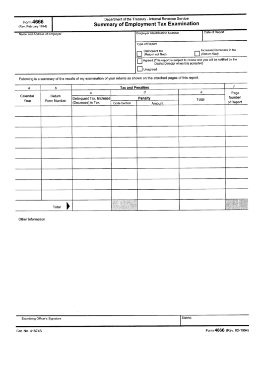 Form 4666 - Summary Of Emolovment Tax Examination Printable pdf