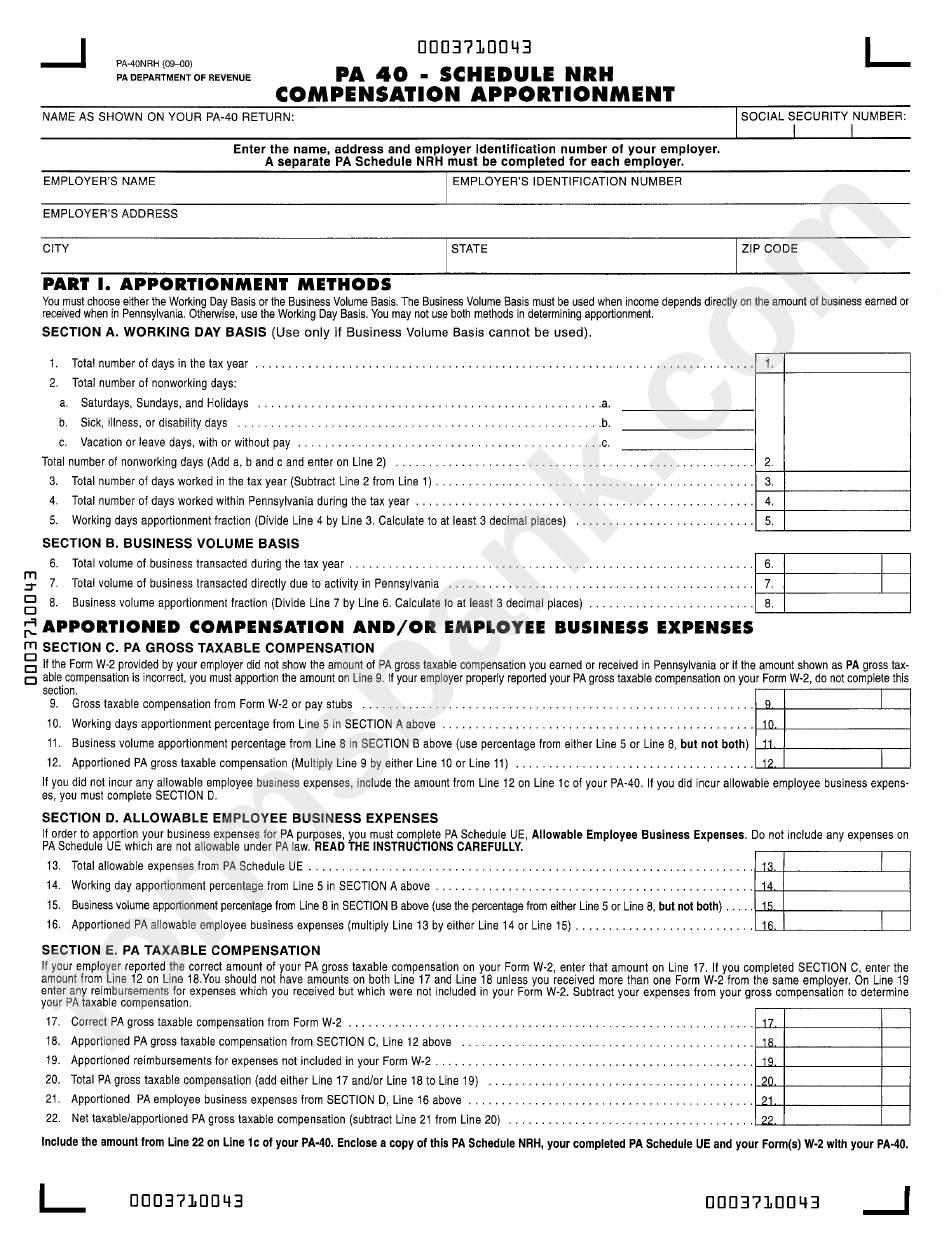 Form Pa 40 - Schedule Nrh - Compensation Apportionment printable pdf