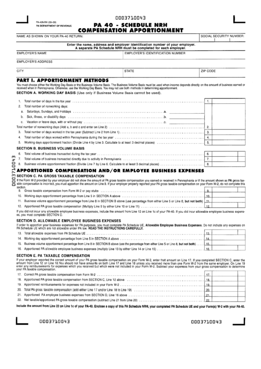 Form Pa 40 - Schedule Nrh - Compensation Apportionment Printable pdf