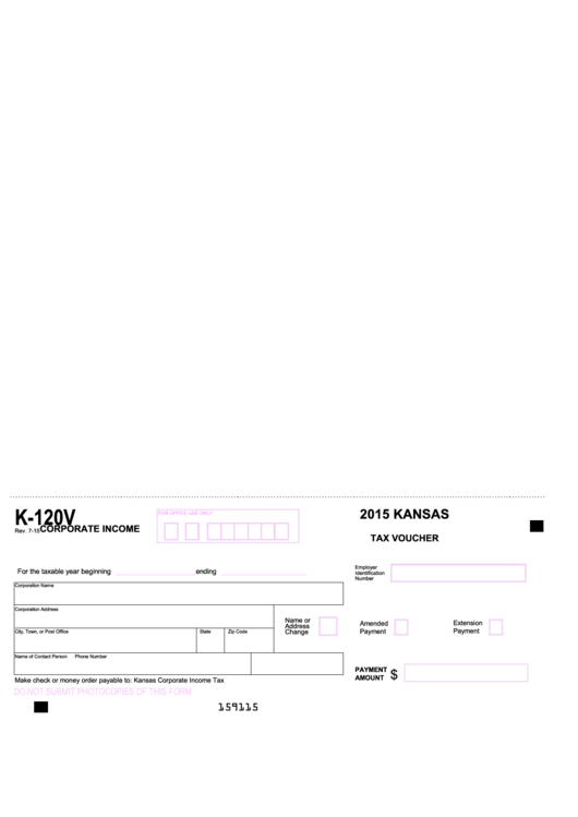 Fillable Form K-120v - Corporate Income Tax Voucher - 2015 Printable pdf