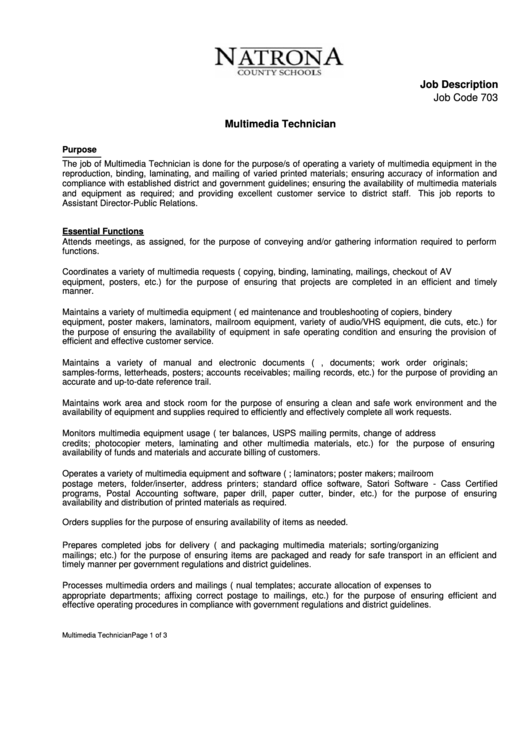 Sample Multimedia Technician Job Description Template Printable pdf
