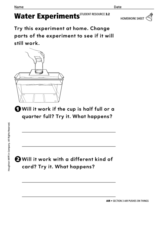 Water Experiments Air Homework Sheet Printable pdf