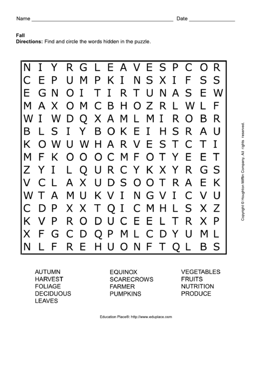 Fall Word Search Puzzle Template Printable pdf