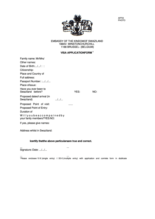 Visa Application Form - Embassy Of The Kindom Of Swaziland Printable pdf
