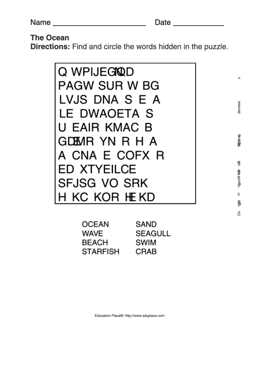 The Ocean Word Search Puzzle Template Printable pdf