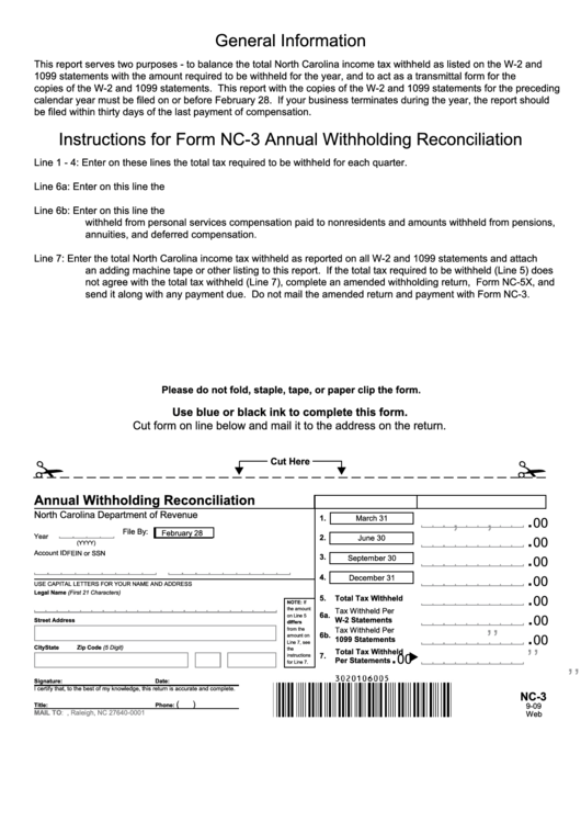 Form Nc-3 - Instructions For Form Nc-3 Annual Withholding Reconciliation Printable pdf