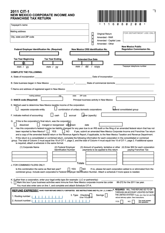 Form Cit-1 - New Mexico Corporate Income And Franchise Tax Return - 2011 Printable pdf