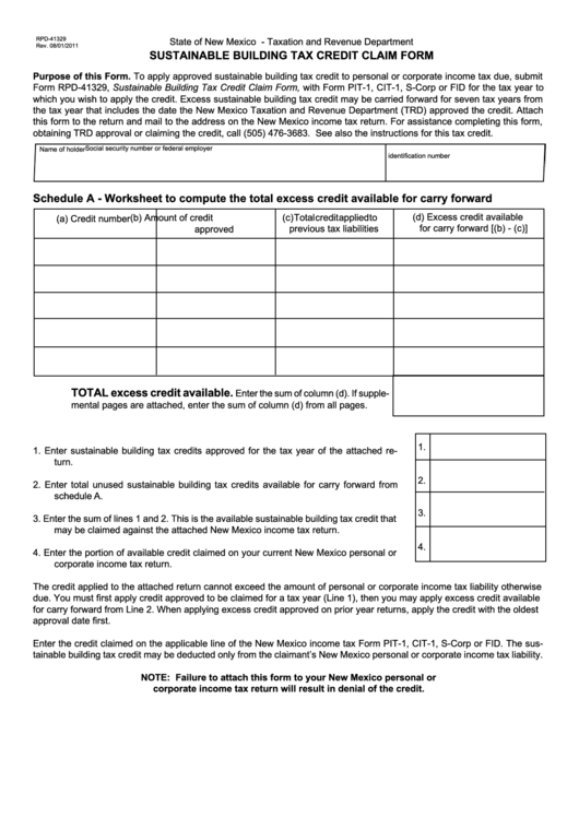 Form Rpd-41329 - Sustainable Building Tax Credit Claim Form Printable pdf